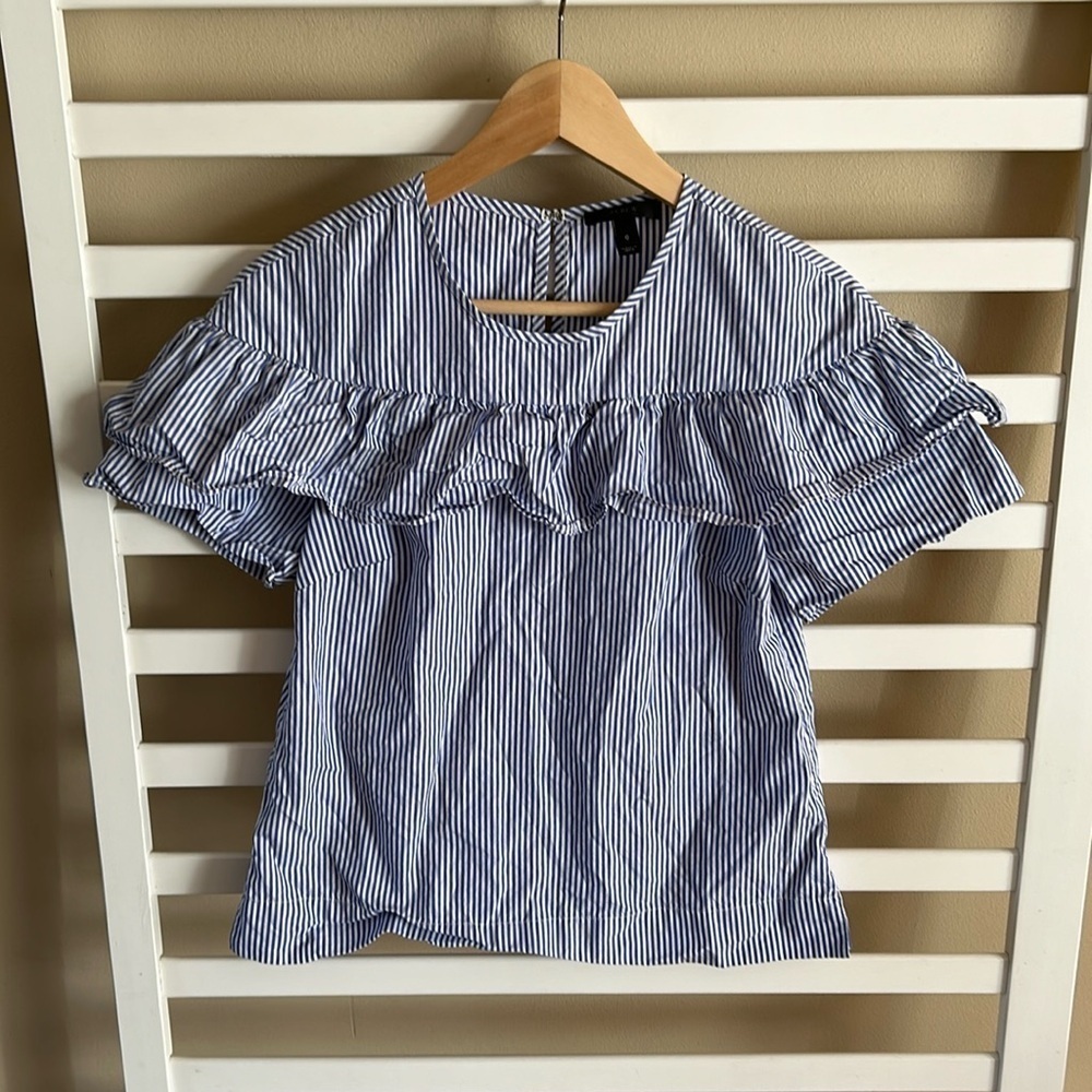 J. Crew Edie Cotton Blue White Pin Stripe Print Pattern Ruffle Blouse Shirt Top
